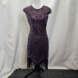 Purple Sequin Fringe Flapper Style Dress Size Small